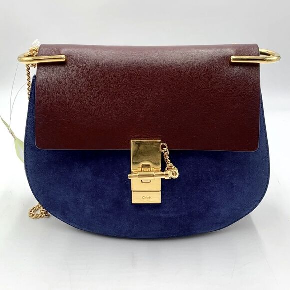 Auth Chloe Drew Mini Two Tone Leather Suede Navy Bordeaux Shoulder Bag - Picture 2 of 15